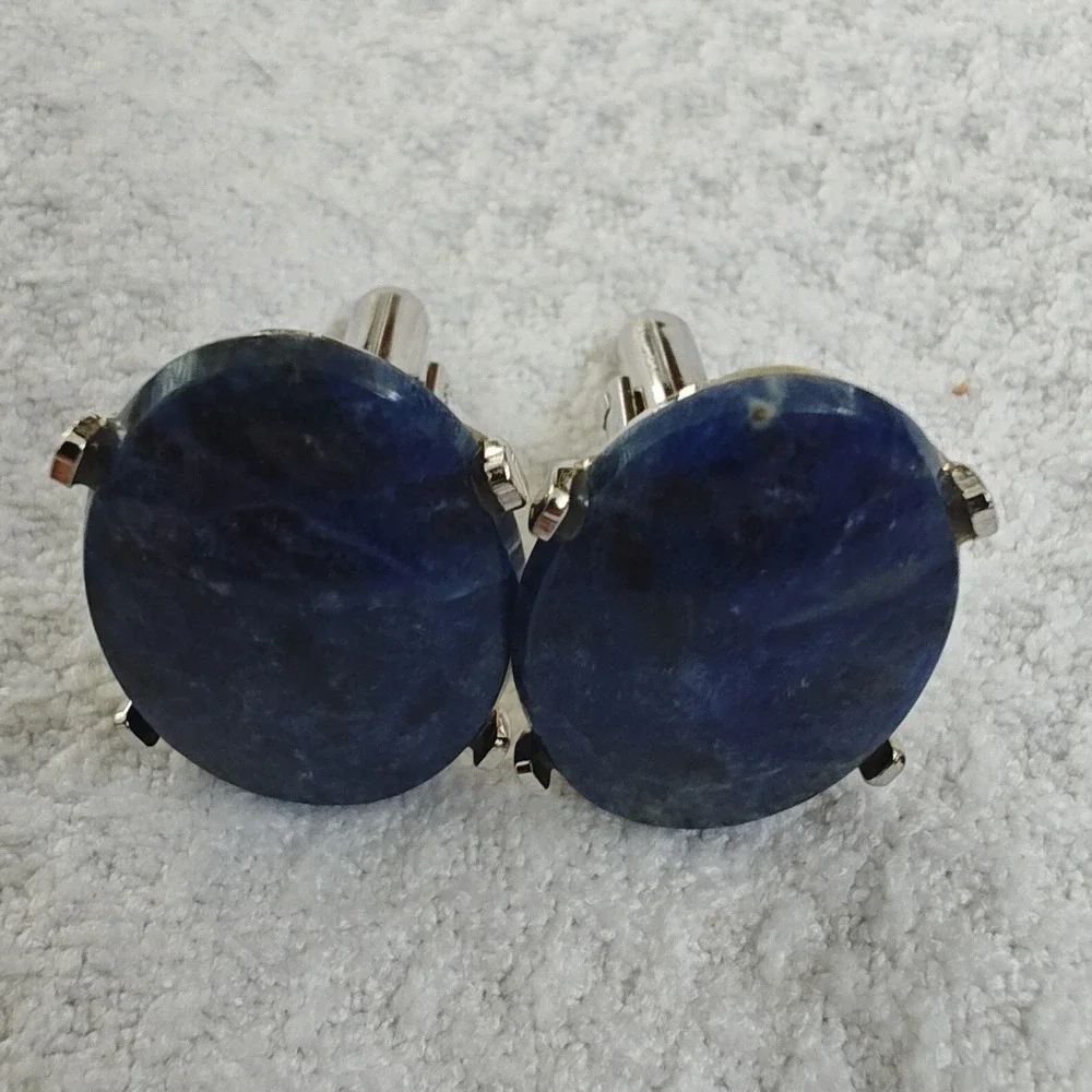 Cufflinks Blue Oval Sodalite Gemstone Silver Tone Prongs Toggle Back Mens